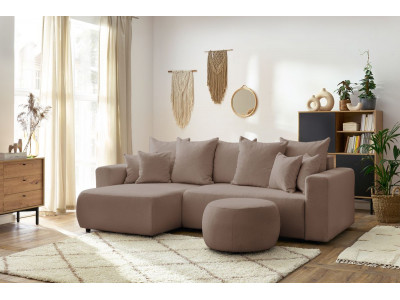 Canapé d'angle réversible convertible coffre ENVY tissu bouclette doux avec pouf rond