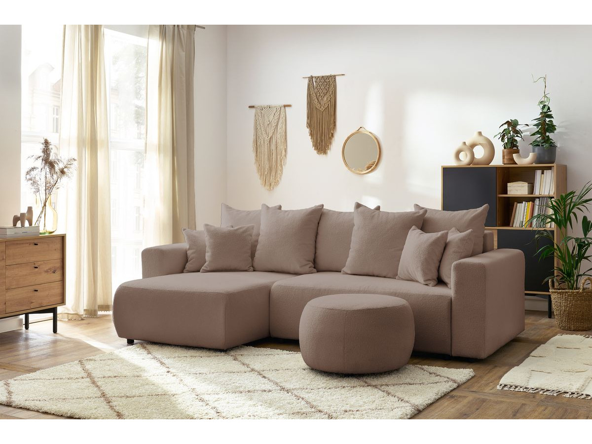 Canapé d'angle réversible convertible coffre ENVY tissu bouclette doux avec pouf rond