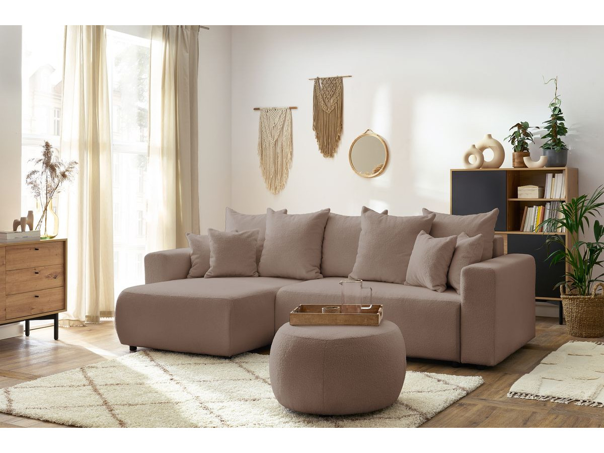 Canapé d'angle réversible convertible coffre ENVY bouclette doux avec pouf rond marron — vue 5