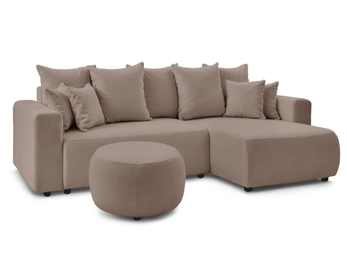 Canapé d'angle réversible convertible coffre ENVY tissu bouclette doux avec pouf rond