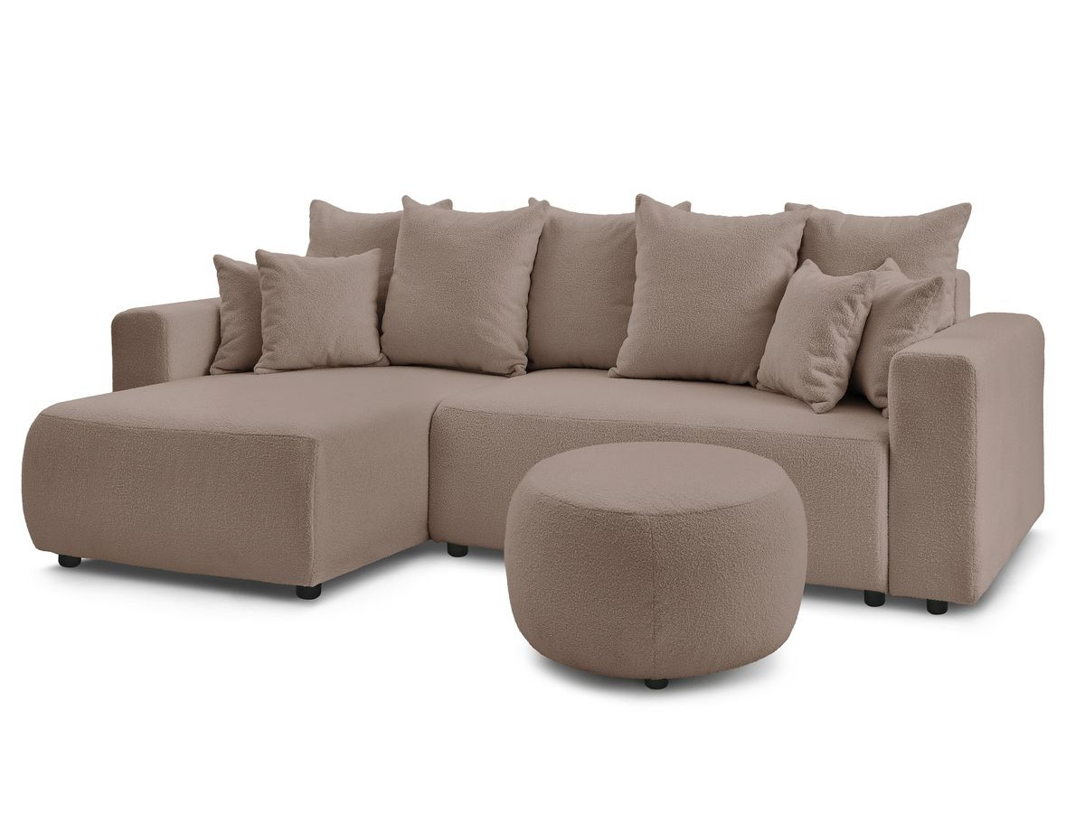 Canapé d'angle réversible convertible coffre ENVY tissu bouclette doux avec pouf rond