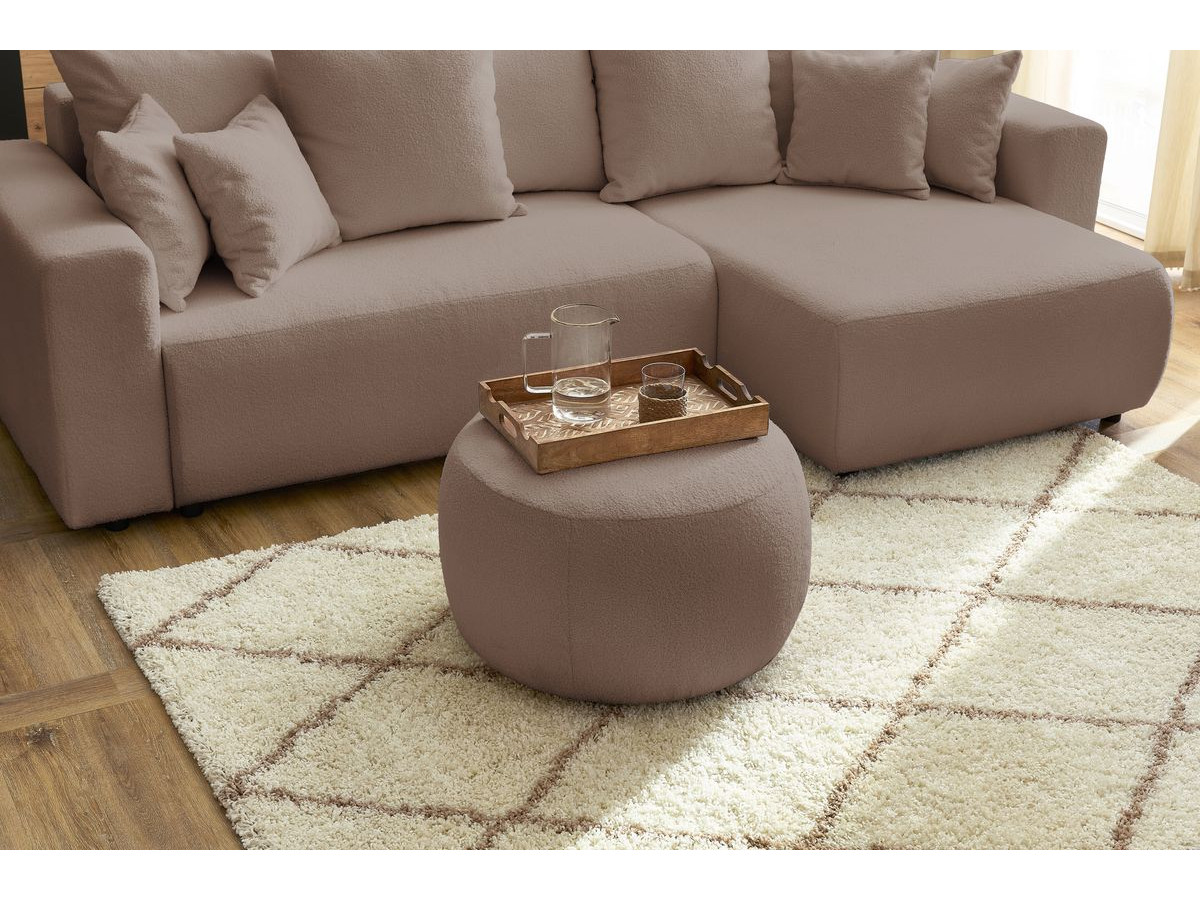 Canapé d'angle réversible convertible coffre ENVY tissu bouclette doux avec pouf rond