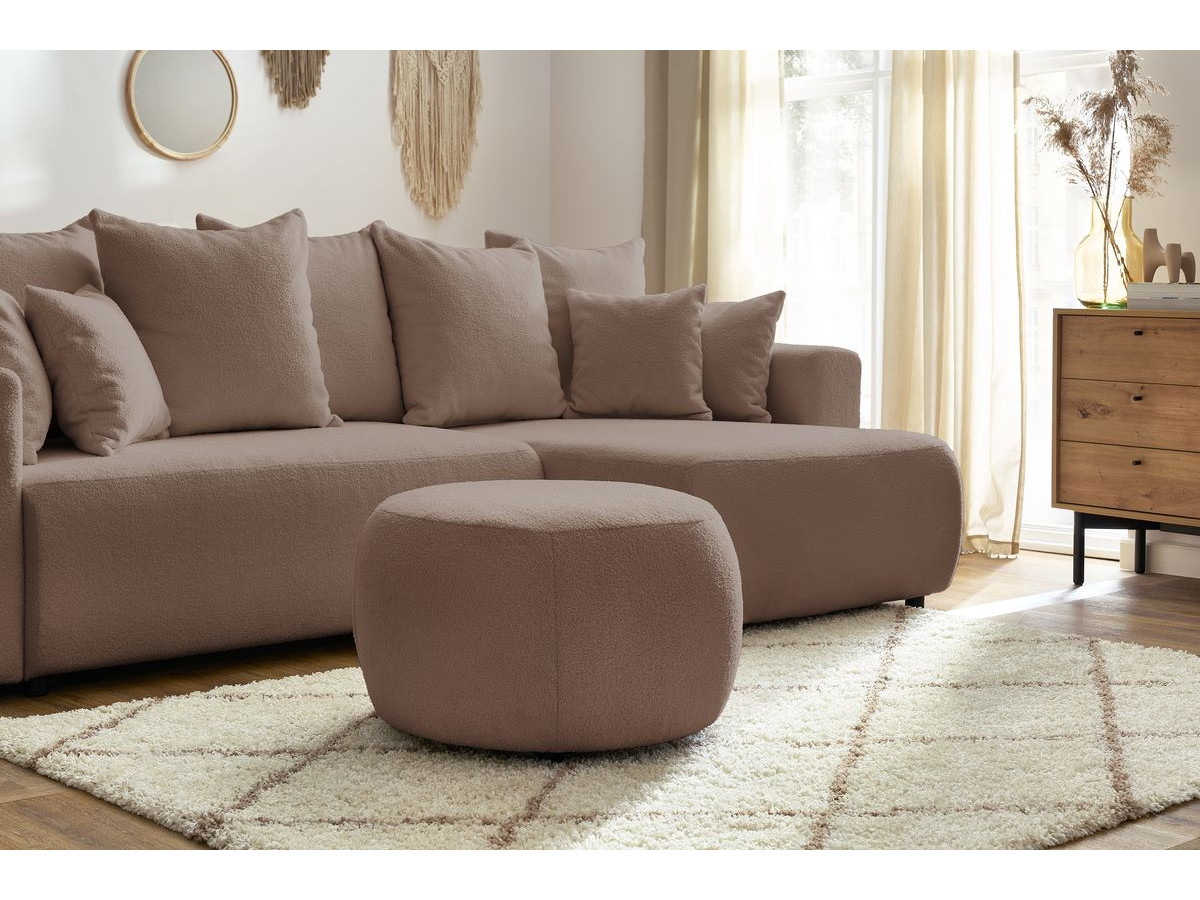 Canapé d'angle réversible convertible coffre ENVY tissu bouclette doux avec pouf rond