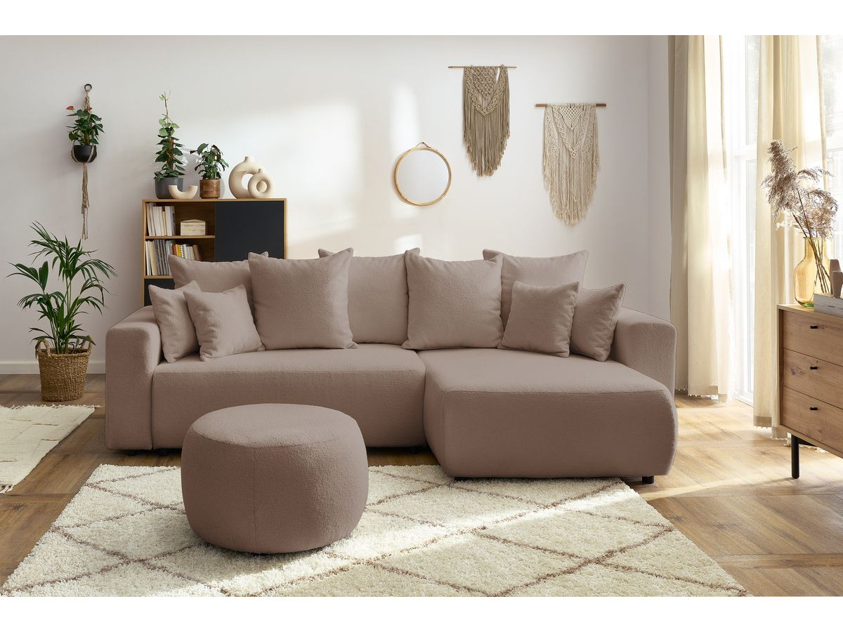 Canapé d'angle réversible convertible coffre ENVY tissu bouclette doux avec pouf rond