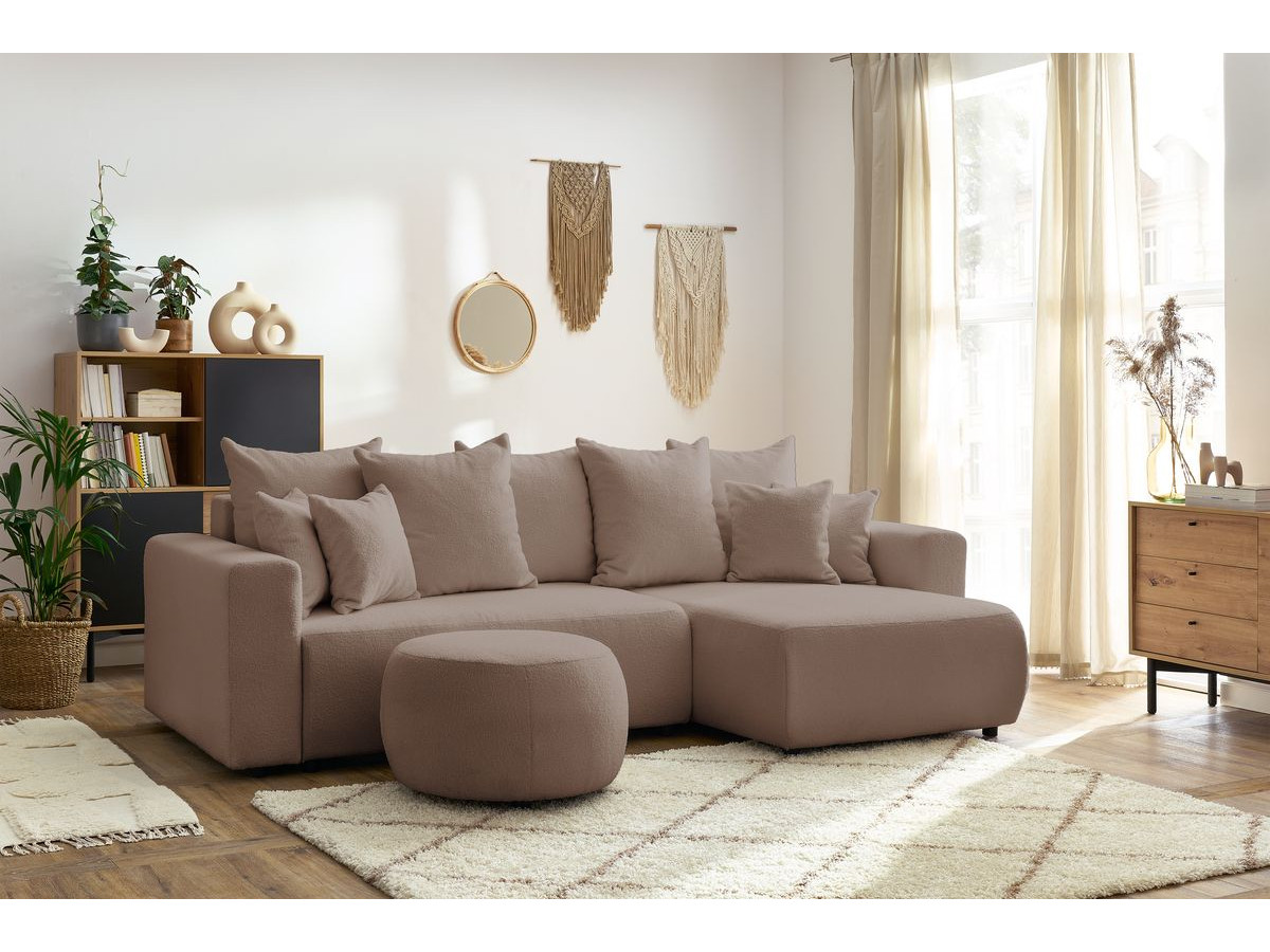 Canapé d'angle réversible convertible coffre ENVY tissu bouclette doux avec pouf rond