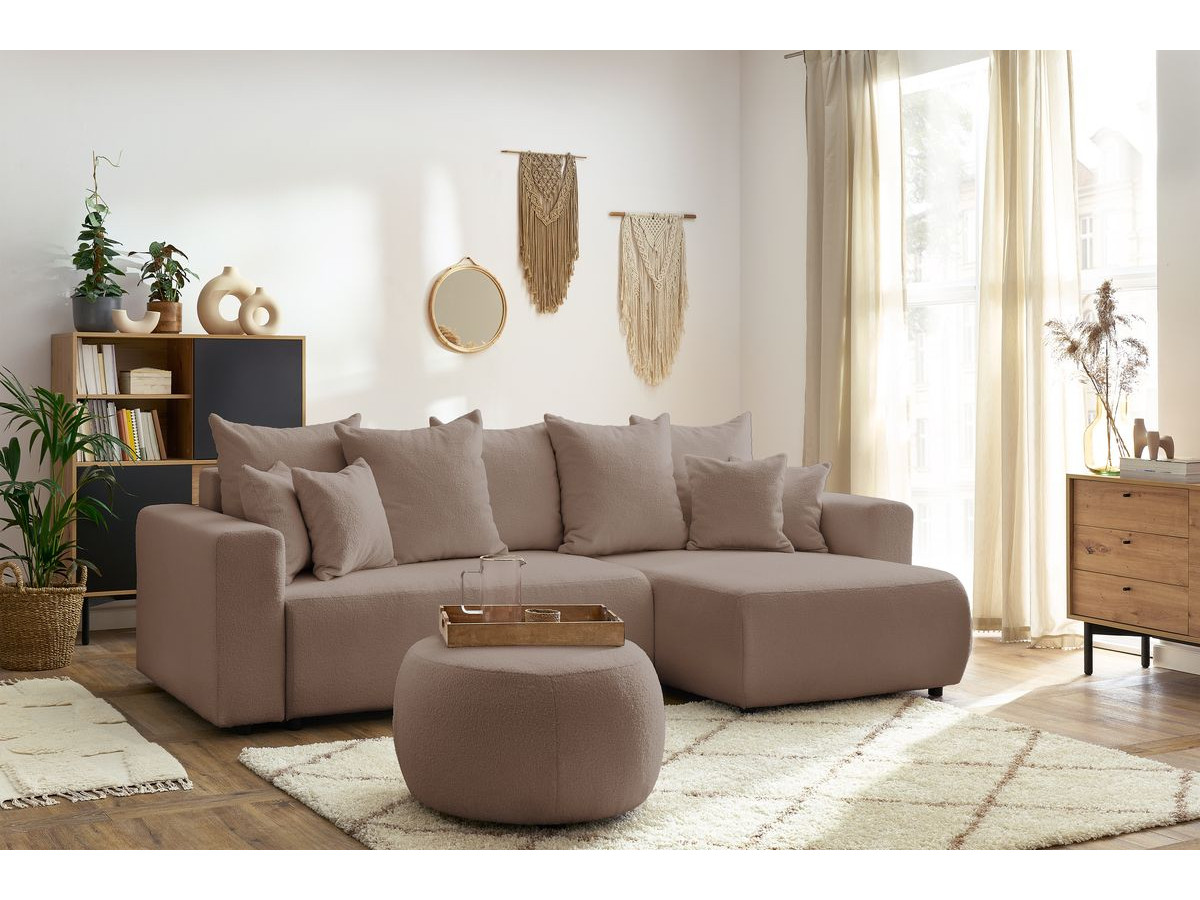 Canapé d'angle réversible convertible coffre ENVY tissu bouclette doux avec pouf rond