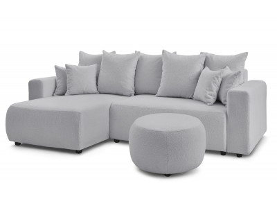 Canapé d'angle réversible convertible coffre ENVY tissu bouclette doux avec pouf rond