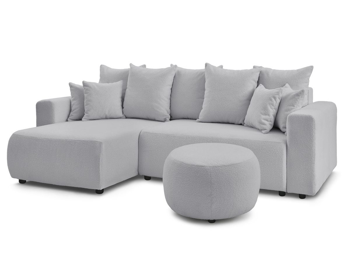 Canapé d'angle réversible convertible coffre ENVY tissu bouclette doux avec pouf rond