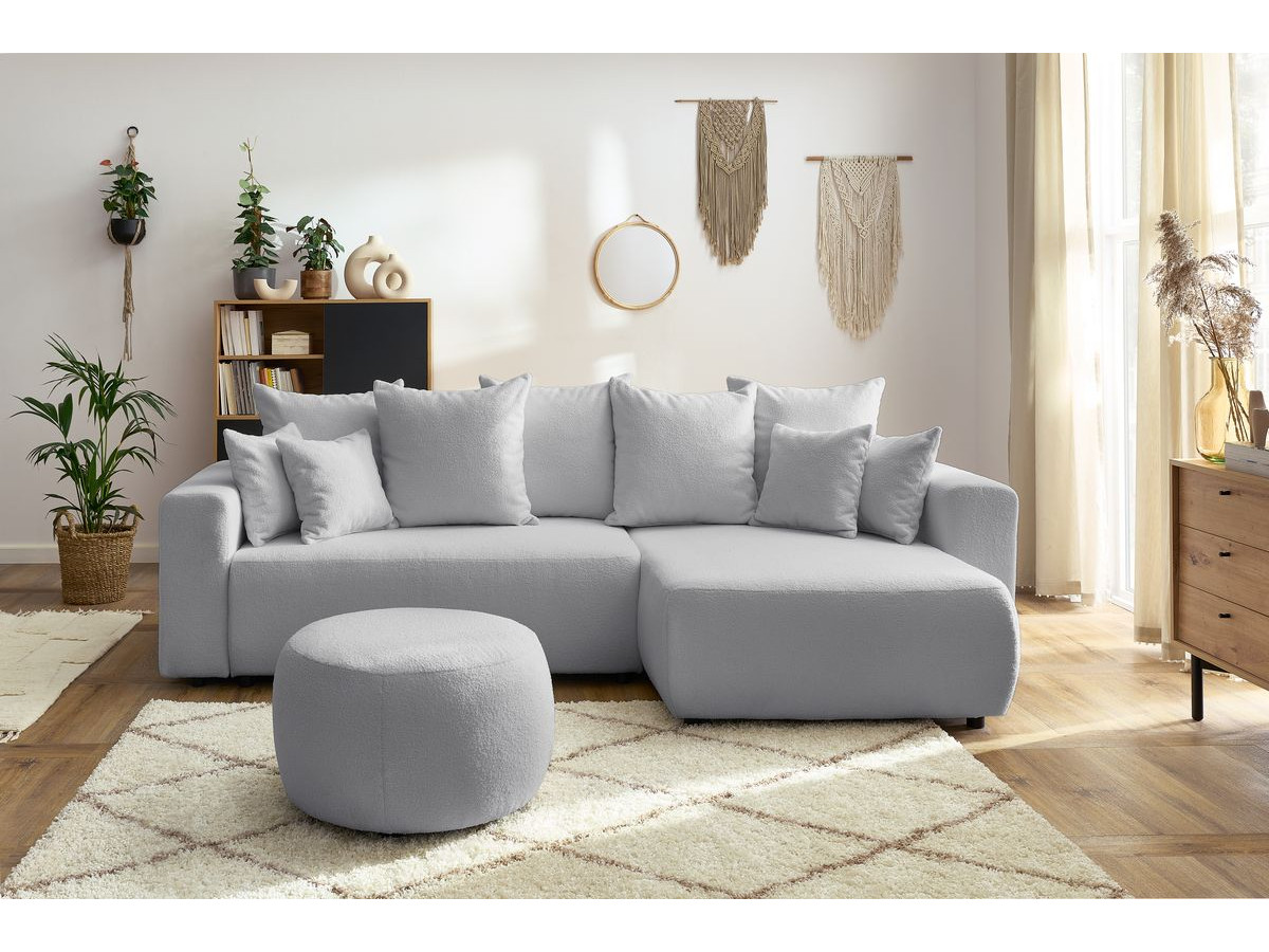 Canapé d'angle réversible convertible coffre ENVY bouclette doux avec pouf rond gris clair — vue 5