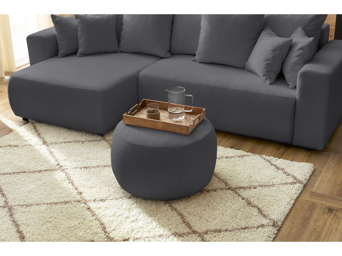 Canapé d'angle réversible convertible coffre ENVY tissu bouclette doux avec pouf rond