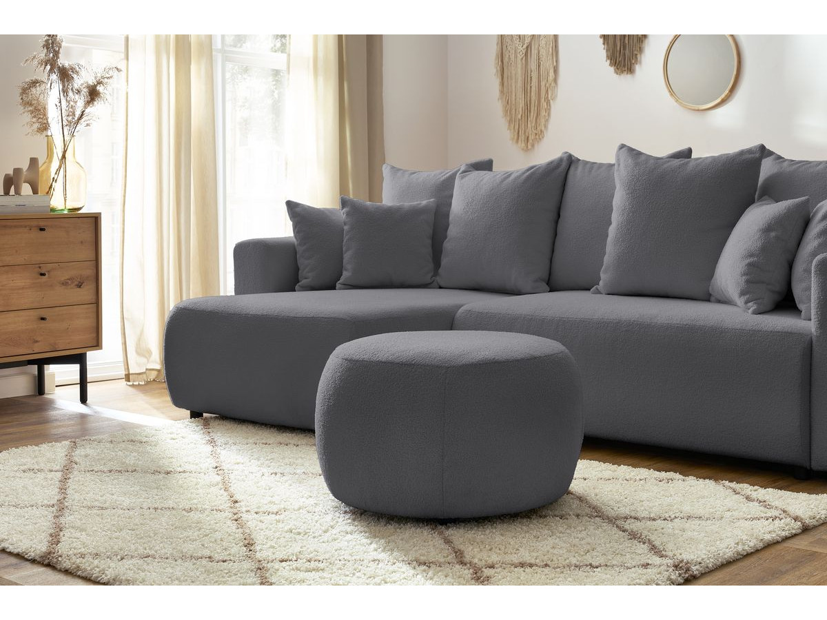 Canapé d'angle réversible convertible coffre ENVY tissu bouclette doux avec pouf rond