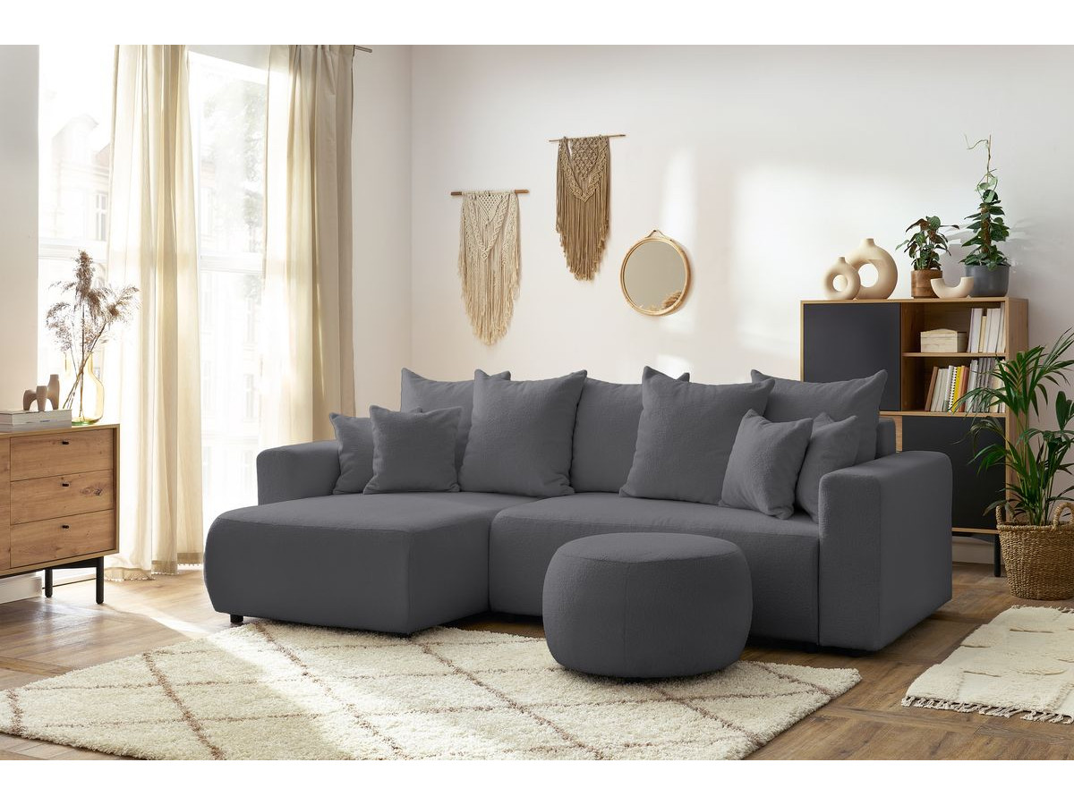 Canapé d'angle réversible convertible coffre ENVY tissu bouclette doux avec pouf rond