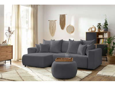 Canapé d'angle réversible convertible coffre ENVY tissu bouclette doux avec pouf rond