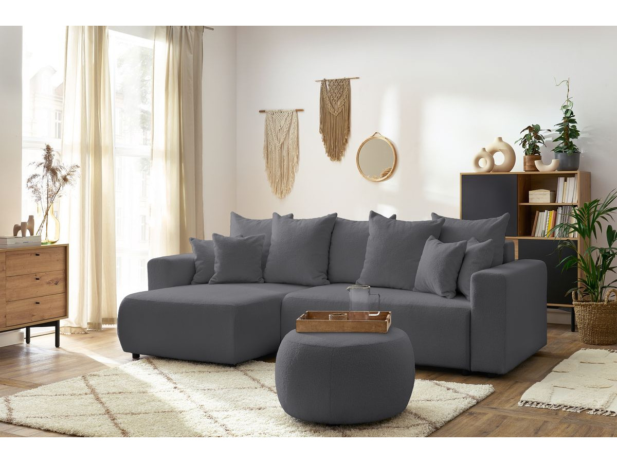 Canapé d'angle réversible convertible coffre ENVY tissu bouclette doux avec pouf rond