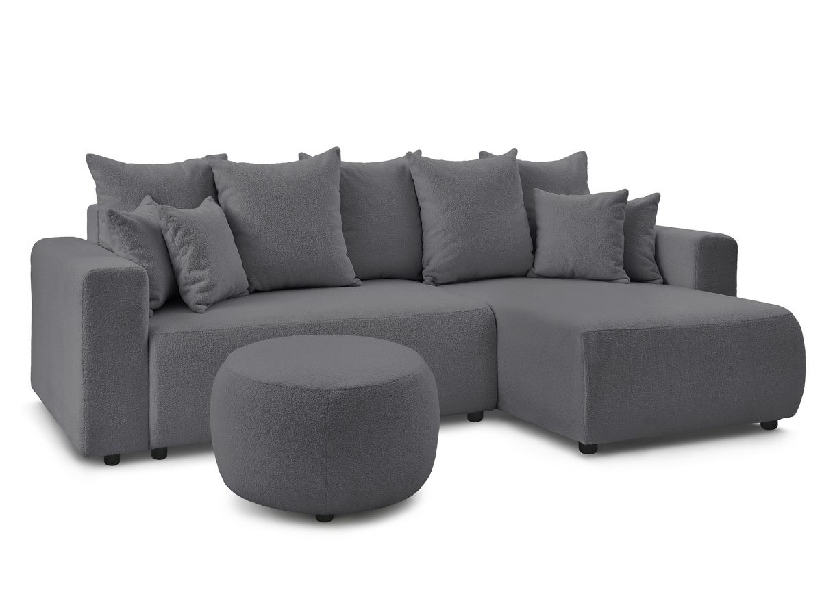 Canapé d'angle réversible convertible coffre ENVY tissu bouclette doux avec pouf rond