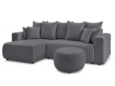 Canapé d'angle réversible convertible coffre ENVY tissu bouclette doux avec pouf rond