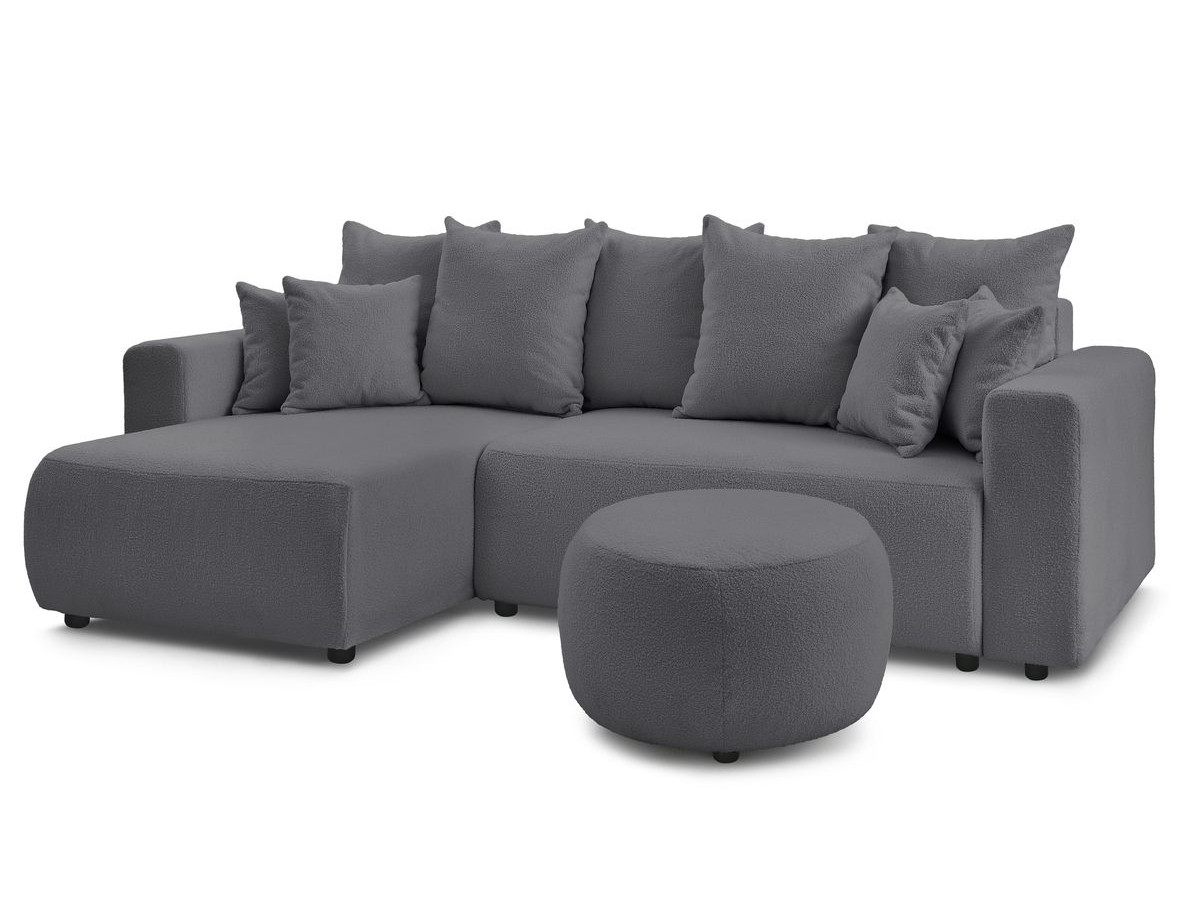 Canapé d'angle réversible convertible coffre ENVY tissu bouclette doux avec pouf rond