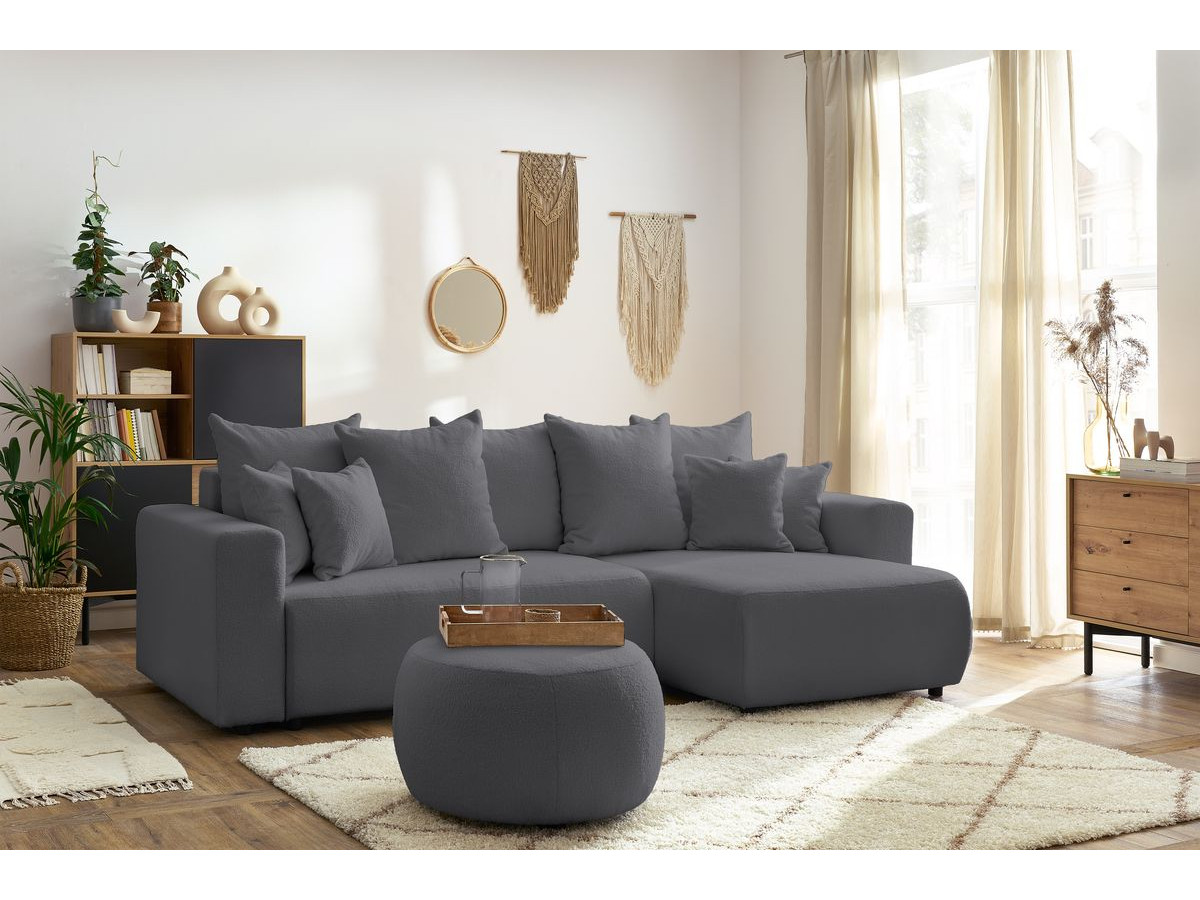 Canapé d'angle réversible convertible coffre ENVY tissu bouclette doux avec pouf rond