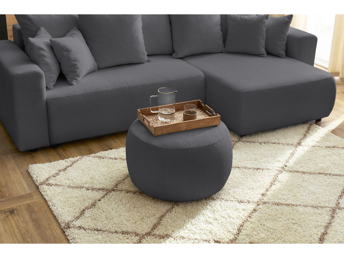 Canapé d'angle réversible convertible coffre ENVY tissu bouclette doux avec pouf rond