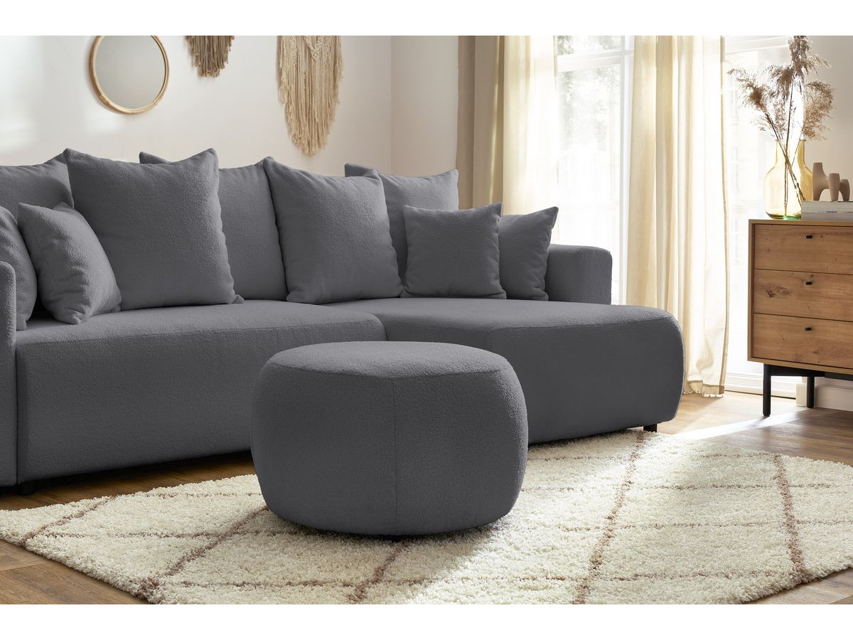 Canapé d'angle réversible convertible coffre ENVY tissu bouclette doux avec pouf rond