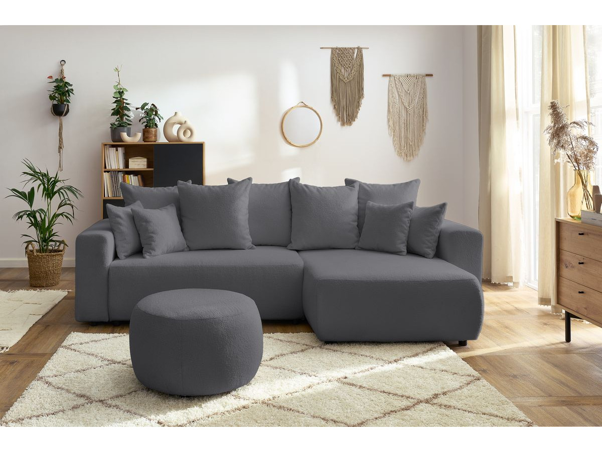 Canapé d'angle réversible convertible coffre ENVY tissu bouclette doux avec pouf rond