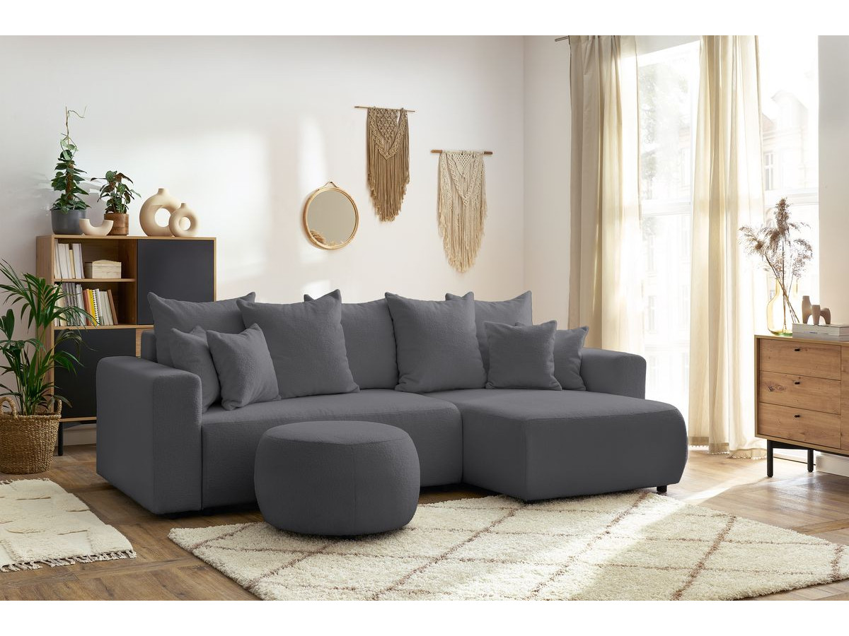 Canapé d'angle réversible convertible coffre ENVY tissu bouclette doux avec pouf rond