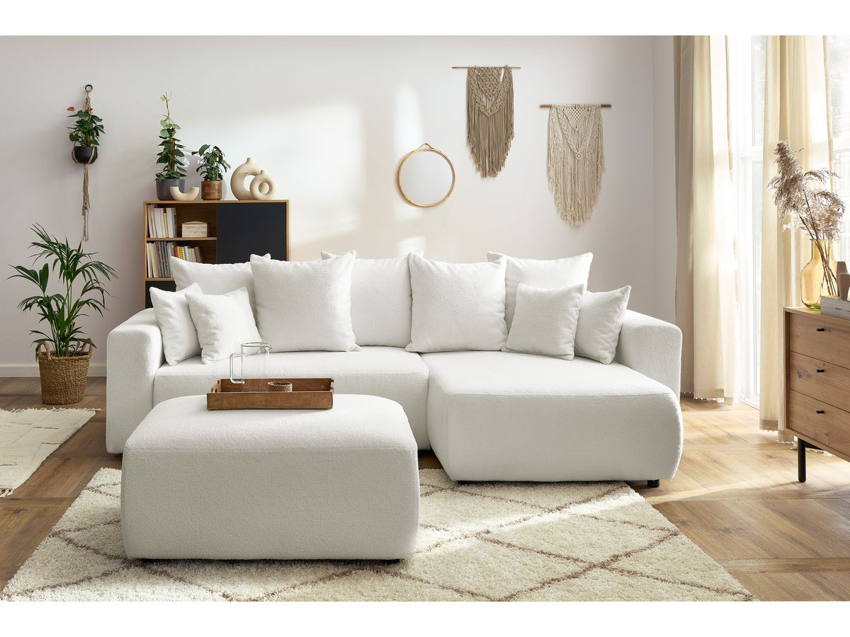 ENVY omkeerbare hoekslaapbank met opbergvak in zachte badstof met rechthoekige poef