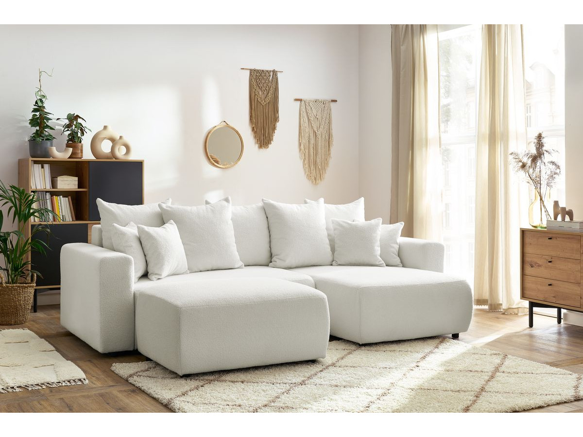 ENVY omkeerbare hoekslaapbank met opbergvak in zachte badstof met rechthoekige poef