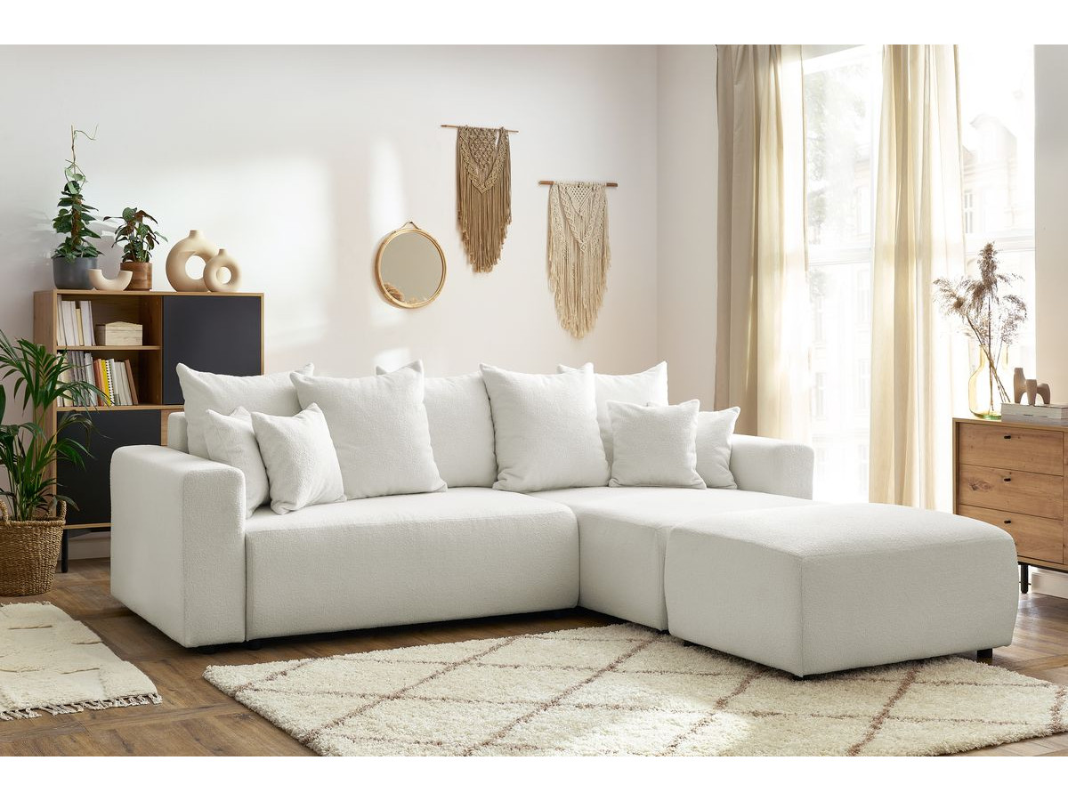 ENVY omkeerbare hoekslaapbank met opbergvak in zachte badstof met rechthoekige poef