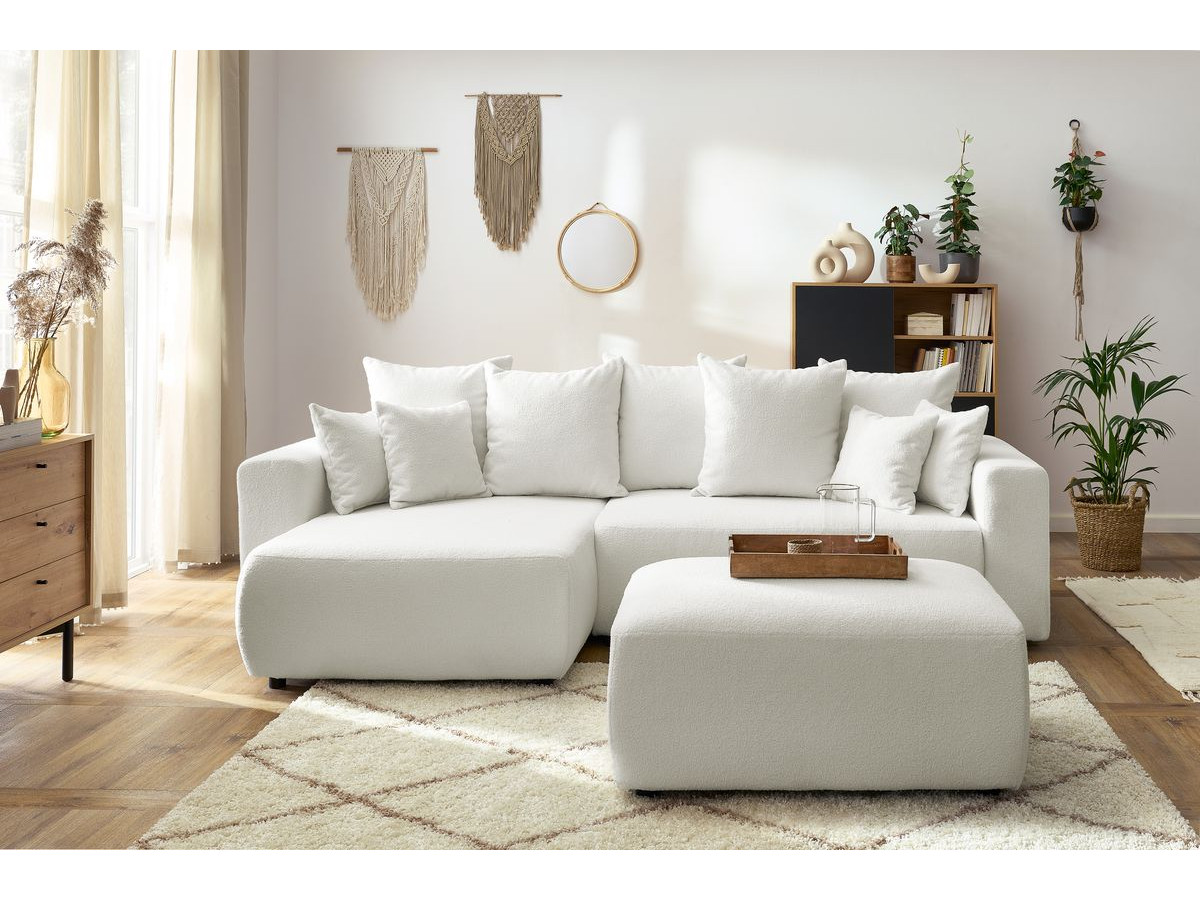 Canapé d'angle réversible convertible coffre ENVY bouclette doux avec pouf blanc — vue 4