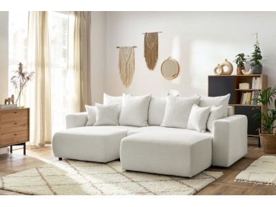 Canapé d'angle réversible convertible coffre ENVY tissu bouclette doux avec pouf rectangulaire