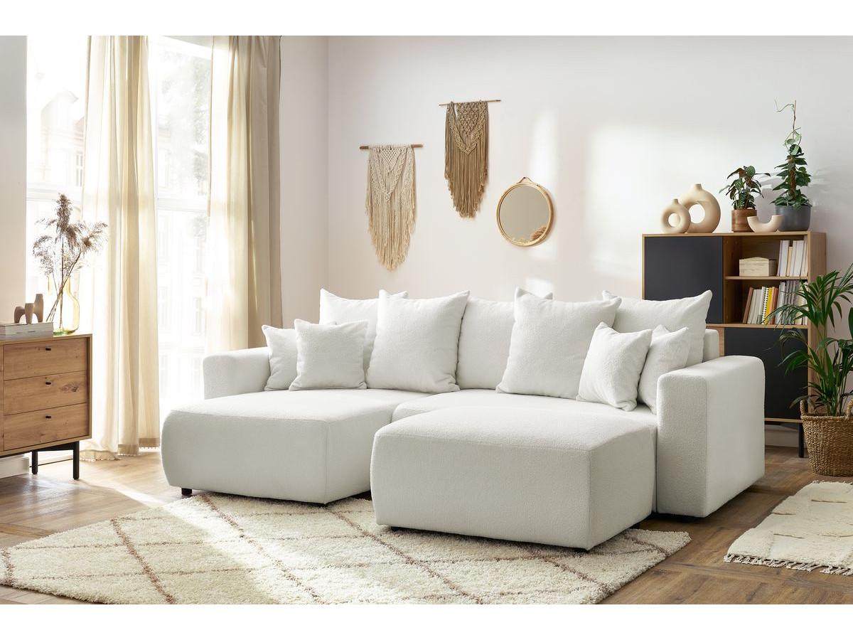 Canapé d'angle réversible convertible coffre ENVY bouclette doux avec pouf blanc