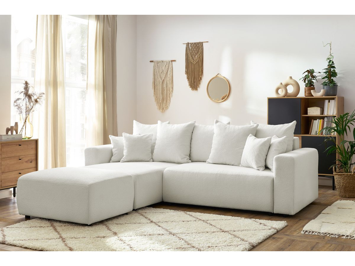 Canapé d'angle réversible convertible coffre ENVY bouclette doux avec pouf blanc — vue 5