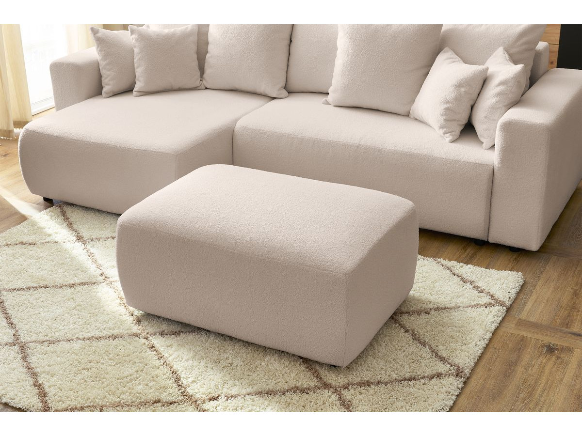 Canapé d'angle réversible convertible coffre ENVY tissu bouclette doux avec pouf rectangulaire