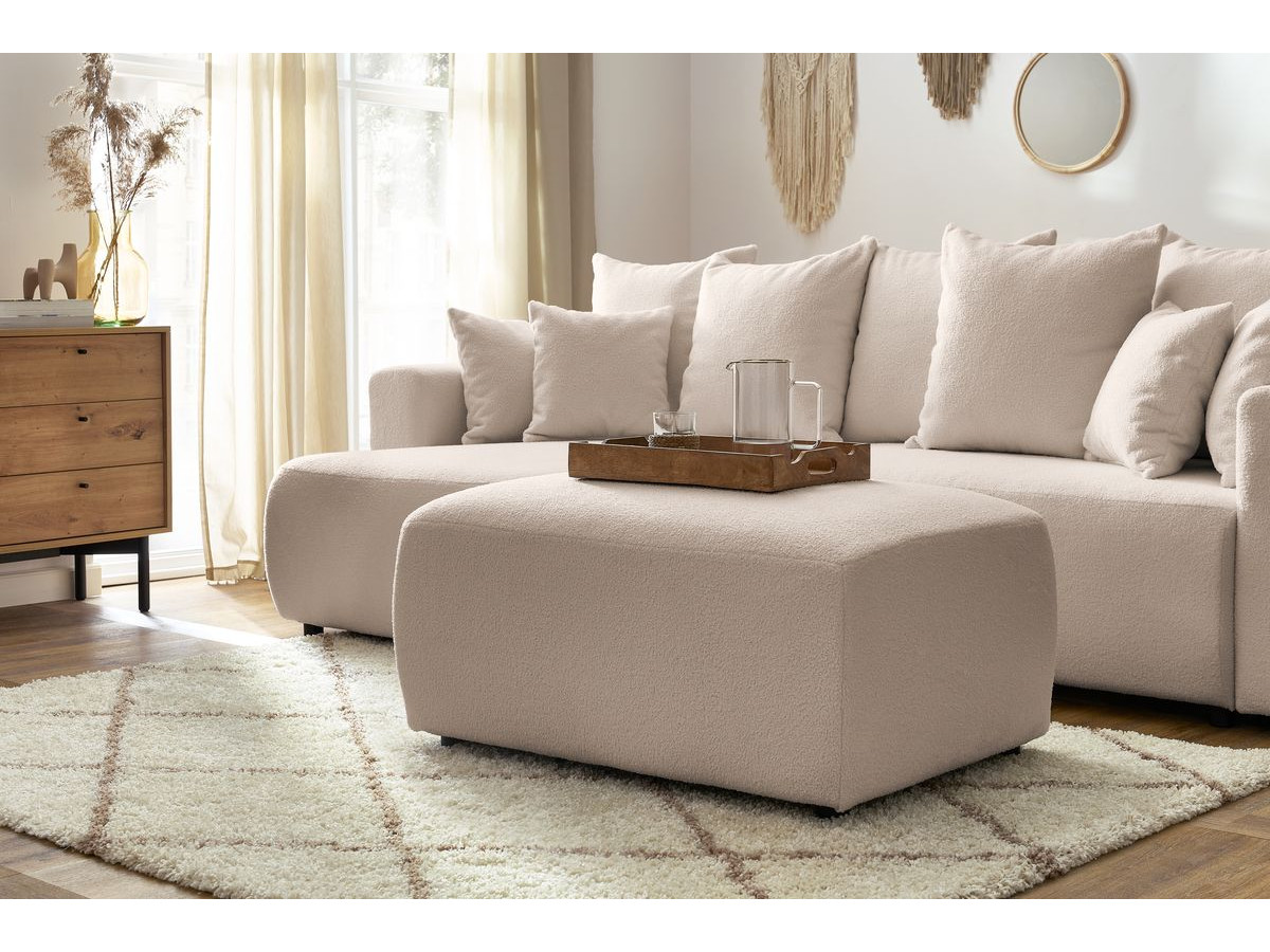 Canapé d'angle réversible convertible coffre ENVY tissu bouclette doux avec pouf rectangulaire