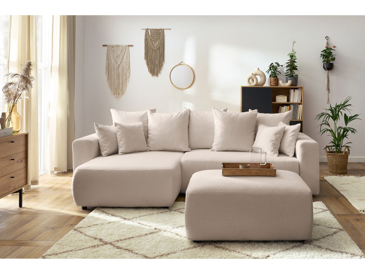 Canapé d'angle réversible convertible coffre ENVY bouclette doux avec pouf beige — vue 4