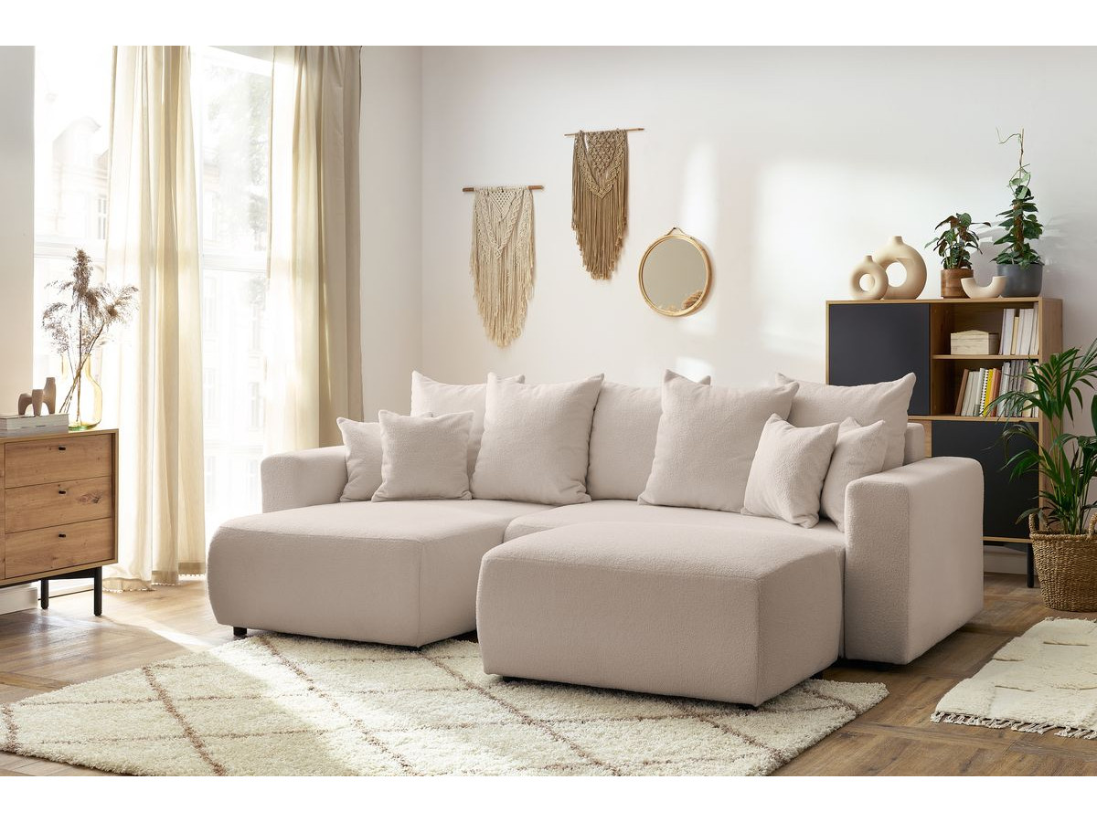 Canapé d'angle réversible convertible coffre ENVY tissu bouclette doux avec pouf rectangulaire