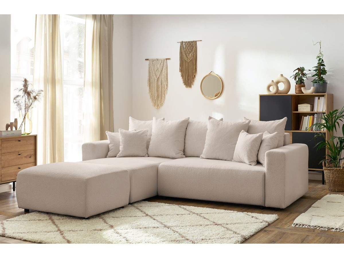 Canapé d'angle réversible convertible coffre ENVY bouclette doux avec pouf beige — vue 5