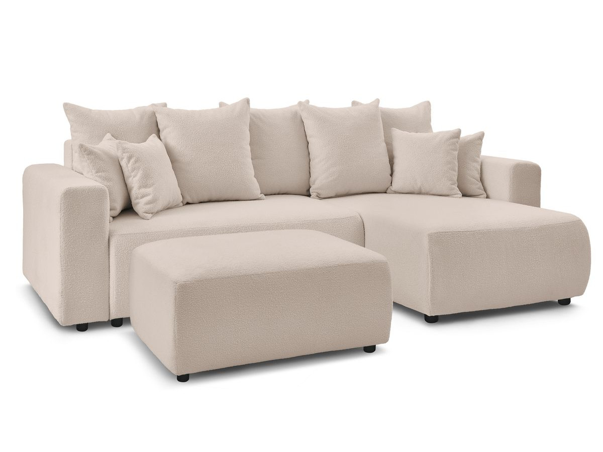 Canapé d'angle réversible convertible coffre ENVY tissu bouclette doux avec pouf rectangulaire