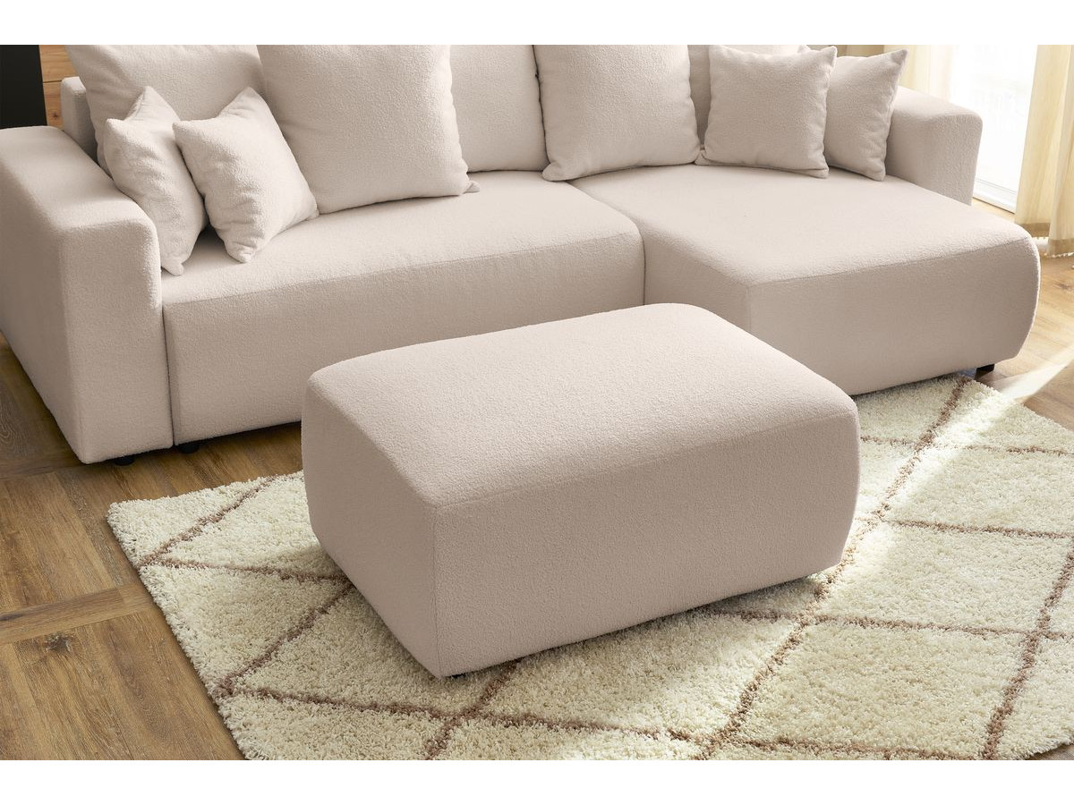 Canapé d'angle réversible convertible coffre ENVY tissu bouclette doux avec pouf rectangulaire