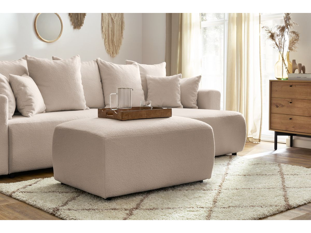 Canapé d'angle réversible convertible coffre ENVY tissu bouclette doux avec pouf rectangulaire