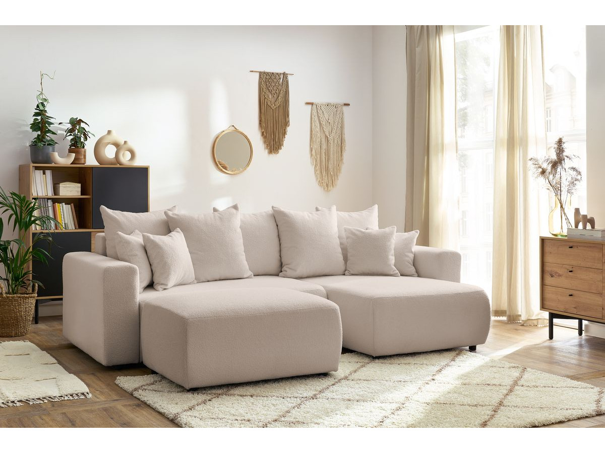 Canapé d'angle réversible convertible coffre ENVY tissu bouclette doux avec pouf rectangulaire