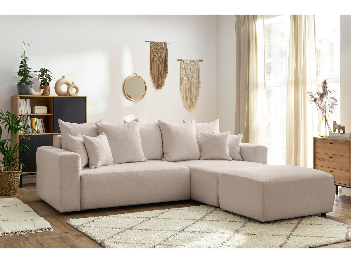 Canapé d'angle réversible convertible coffre ENVY tissu bouclette doux avec pouf rectangulaire