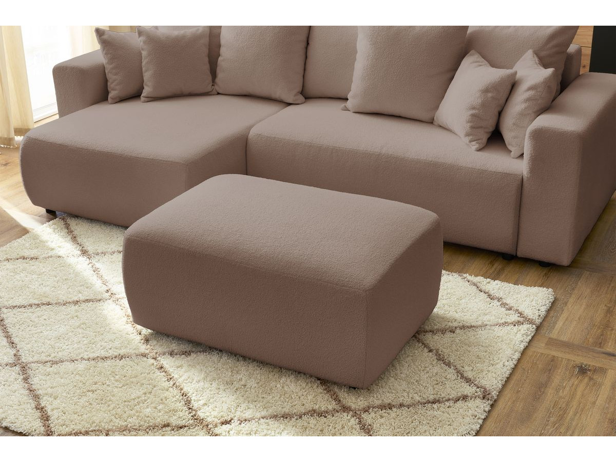 Canapé d'angle réversible convertible coffre ENVY tissu bouclette doux avec pouf rectangulaire