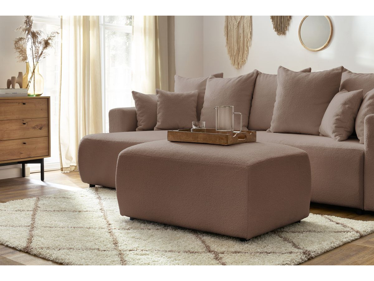 Canapé d'angle réversible convertible coffre ENVY tissu bouclette doux avec pouf rectangulaire