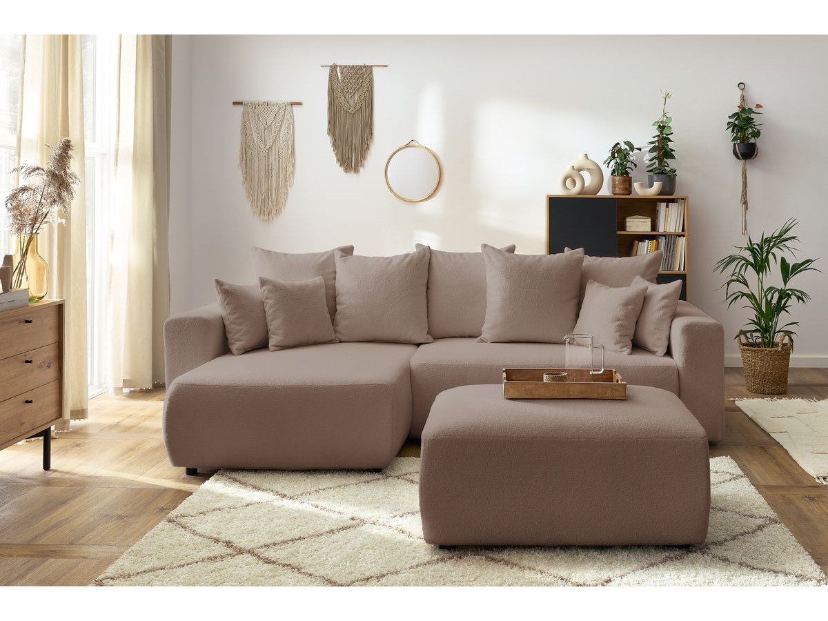 Canapé d'angle réversible convertible coffre ENVY tissu bouclette doux avec pouf rectangulaire