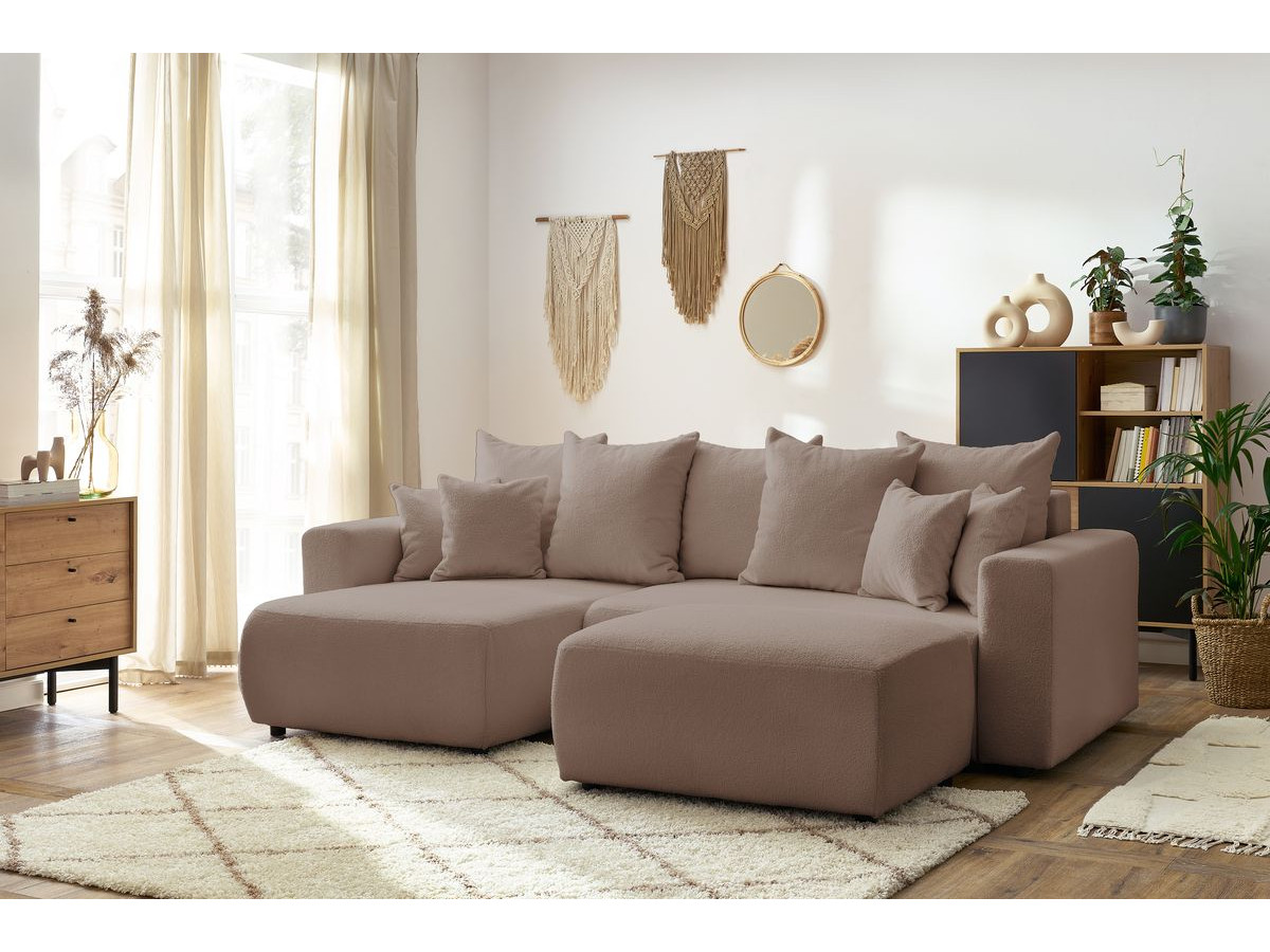 Canapé d'angle réversible convertible coffre ENVY bouclette doux avec pouf marron