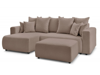Canapé d'angle réversible convertible coffre ENVY tissu bouclette doux avec pouf rectangulaire