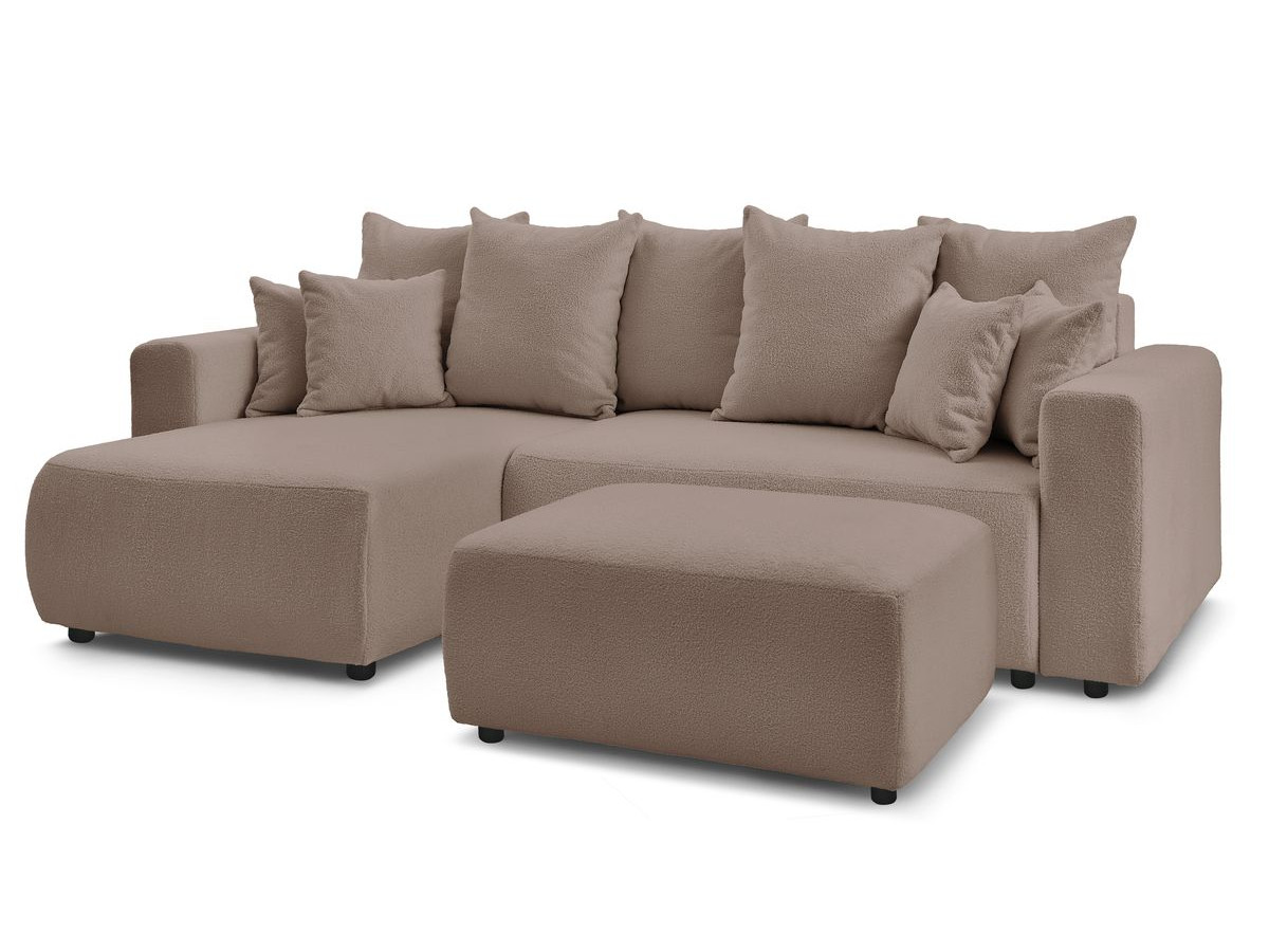 Canapé d'angle réversible convertible coffre ENVY tissu bouclette doux avec pouf rectangulaire