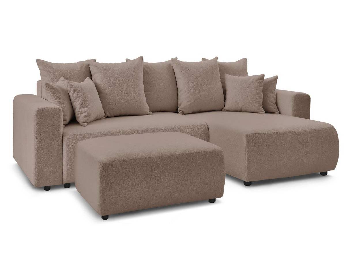 Canapé d'angle réversible convertible coffre ENVY tissu bouclette doux avec pouf rectangulaire